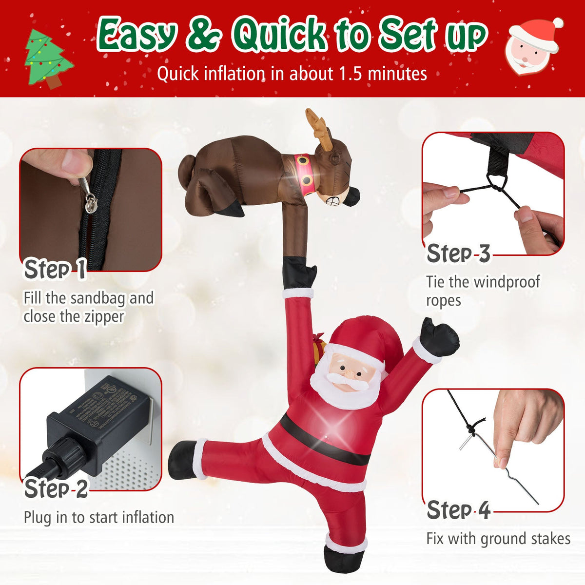 8.5 ft DirectDeals Christmas inflatable Reindeer & Climbing Santa with LED lights; shows inflation steps on Tampa Home & Garden Store