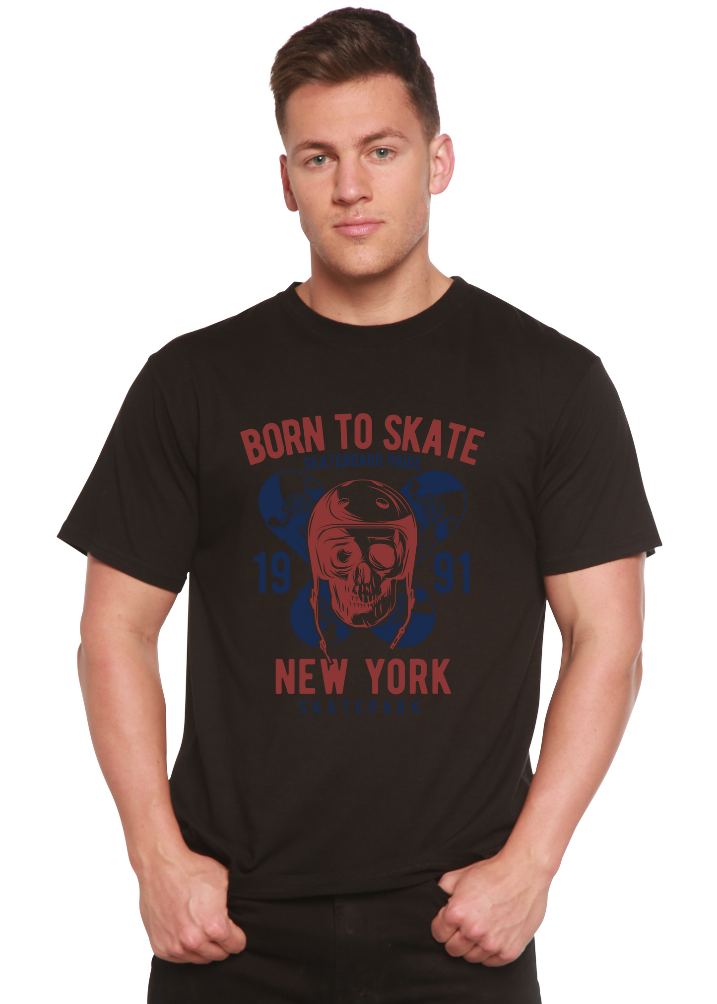 Men's black Spun Bamboo graphic tee with red/blue skull skate design and Born To Skate 1991 New York on Tampa Home & Garden Store