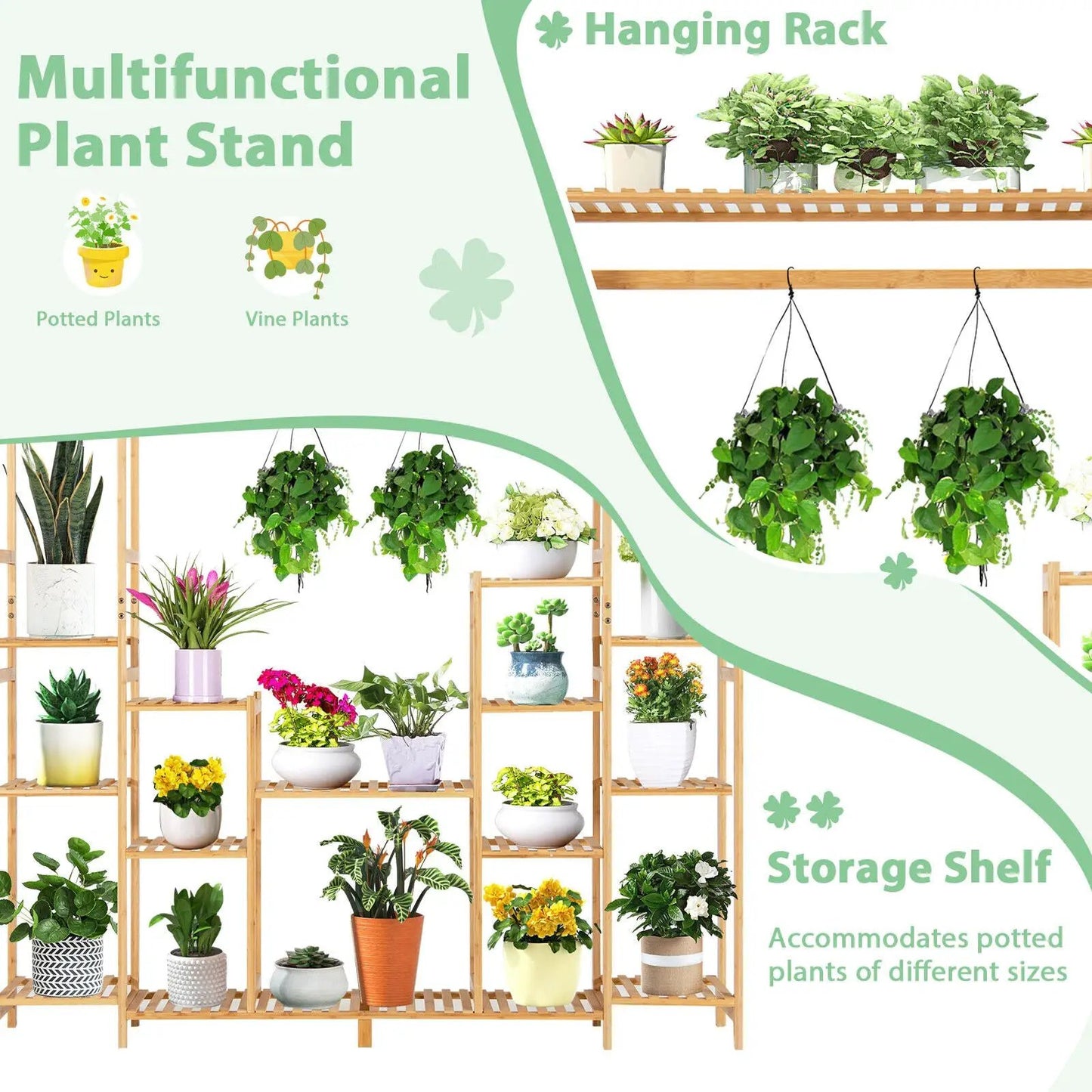 9-Tier Bamboo Plant Stand with Hanging Rack DirectDeals; natural wood shelves with potted plants on Tampa Home & Garden Store