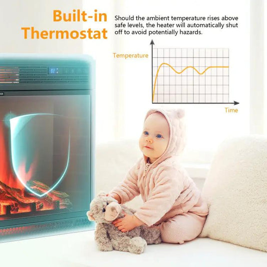 28-Inch Electric Fireplace with Remote glowing beside a baby and teddy bear, thermostat graphic on Tampa Home & Garden Store