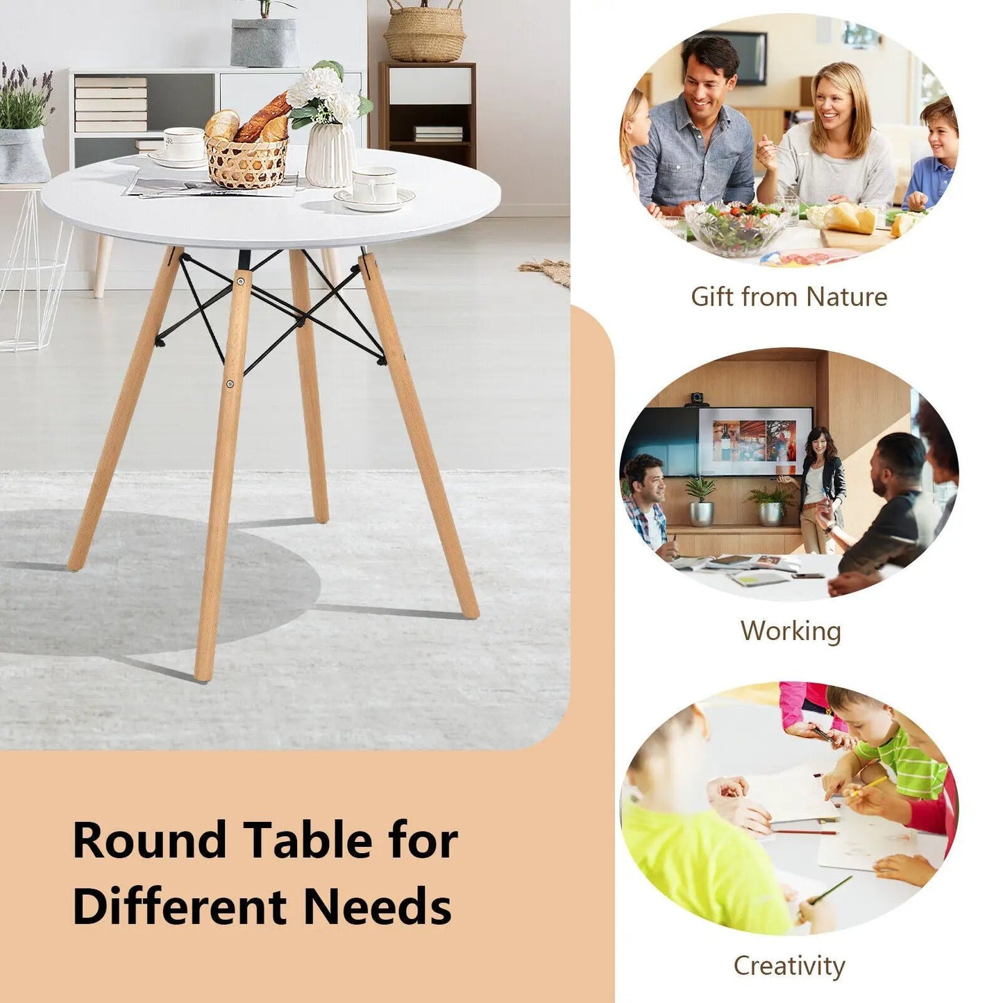 Round white dining table with solid wooden legs and black metal supports, DirectDeals on Tampa Home & Garden Store