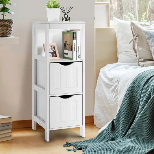 White freestanding storage cabinet with open shelf and two drawers on Tampa Home & Garden Store