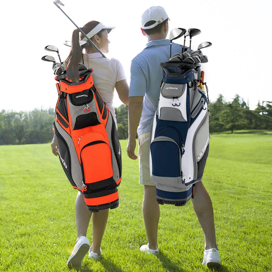 Two DirectDeals golf stand bags with 14-way dividers and 7 pockets in orange-gray and blue-gray on Tampa Home & Garden Store