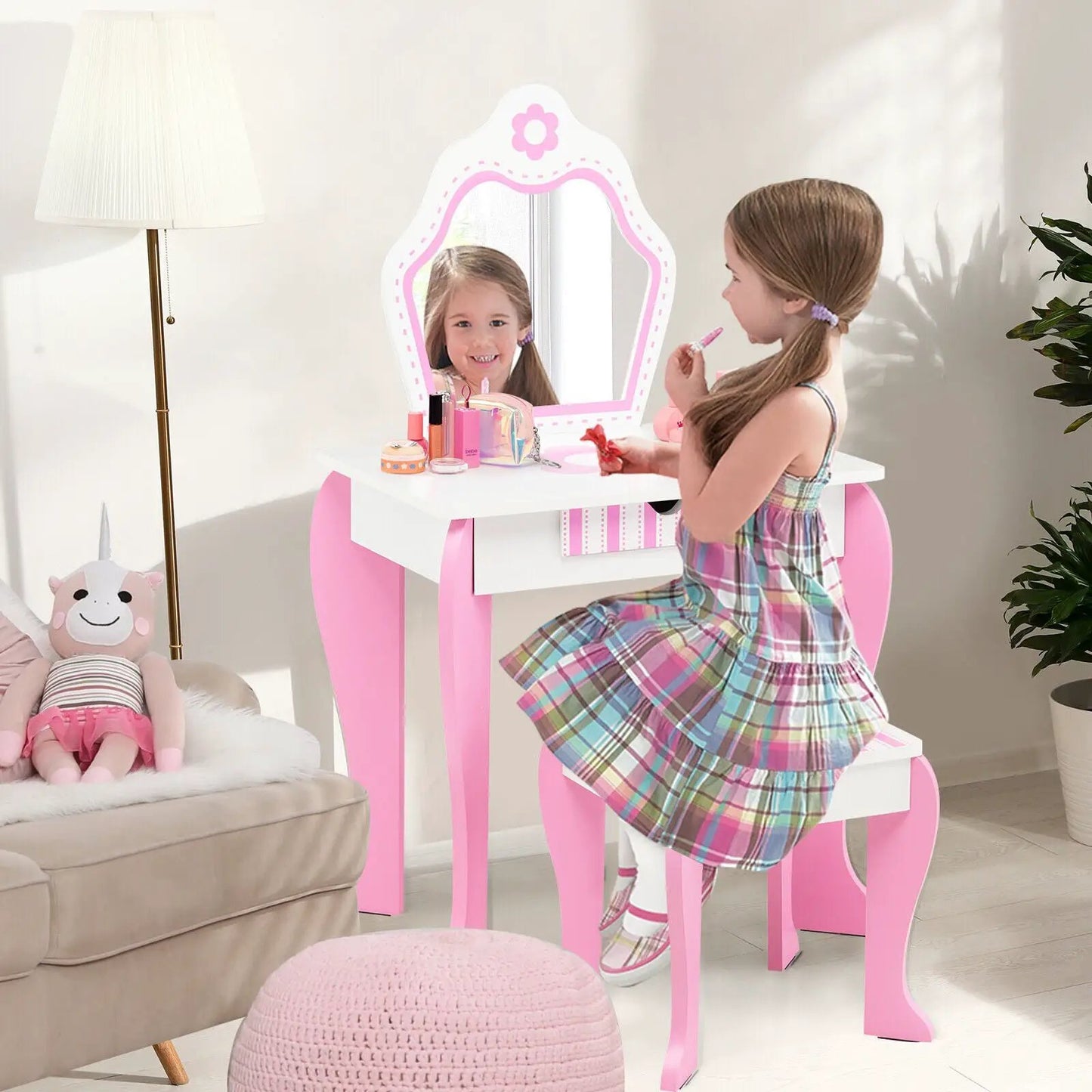 2-in-1 toddler vanity set with detachable top, pink and white mirror and makeup items on Tampa Home & Garden Store