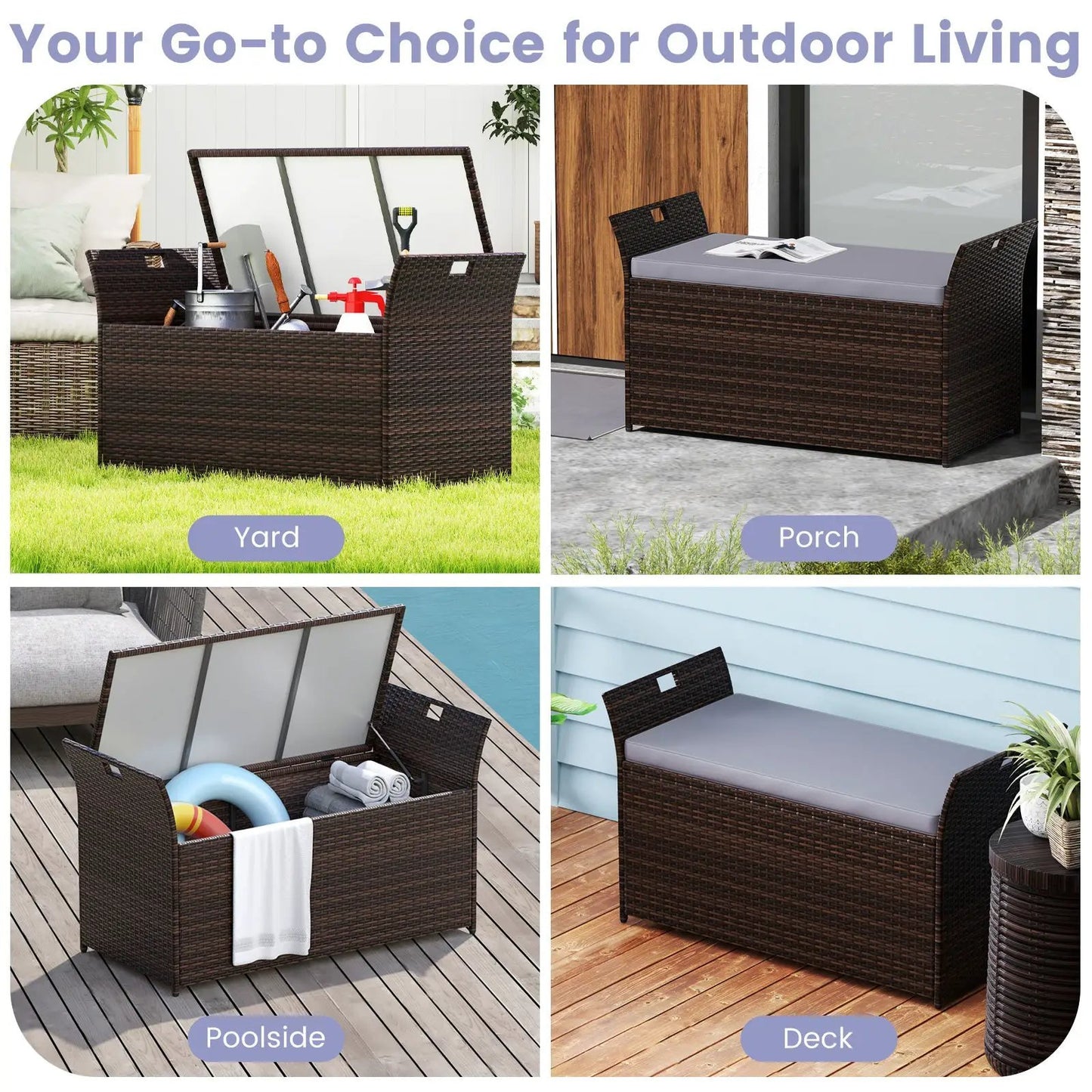 Outdoor bench with PE rattan wicker and handles, dark brown storage seating for yard and porch on Tampa Home & Garden Store