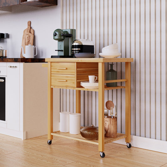 Bamboo Kitchen Trolley Cart with Tower Rack and Drawers - Tampa Home & Garden Store