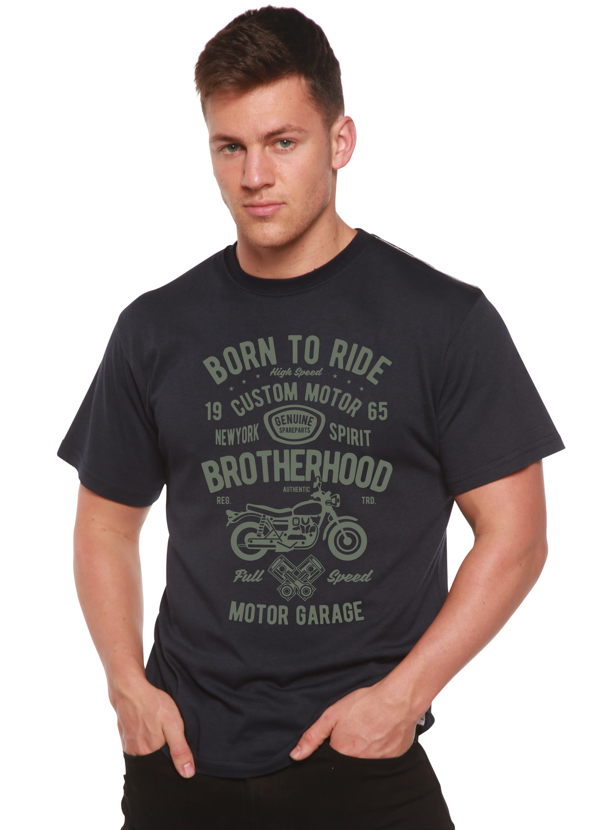 Motorcycle Brotherhood men's tee in dark navy bamboo viscose/organic cotton by Spun Bamboo on Tampa Home & Garden Store