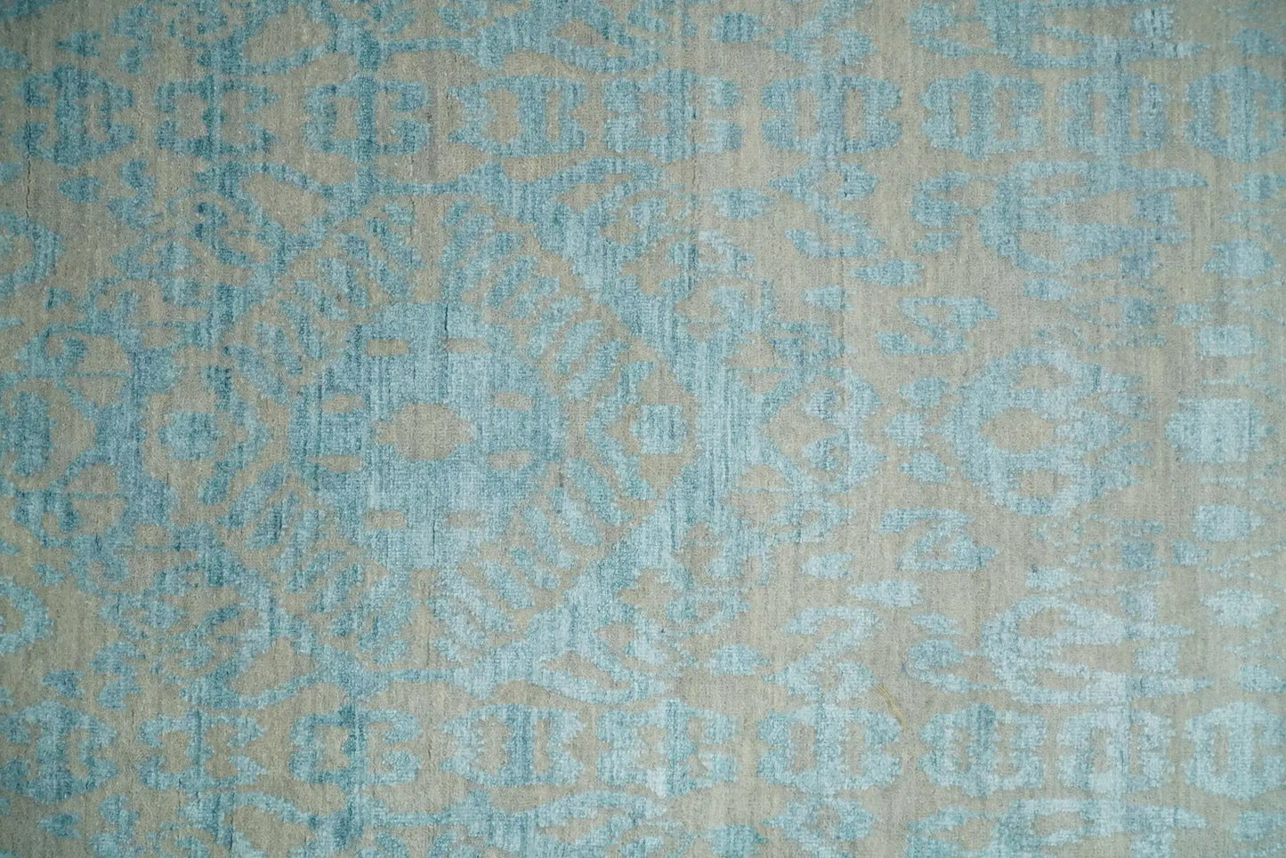 2.6x8 hand-knotted camel and blue Persian rug, beige field with blue motifs, The Rug Decor area rug on Tampa Home & Garden Store