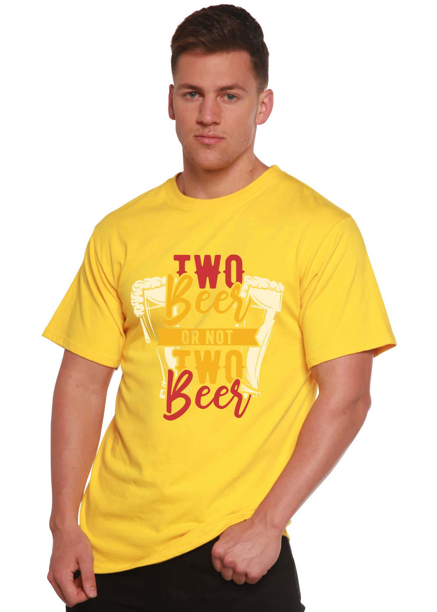 Two Beer men's yellow bamboo viscose organic cotton short sleeve graphic T-shirt by Spun Bamboo on Tampa Home & Garden Store