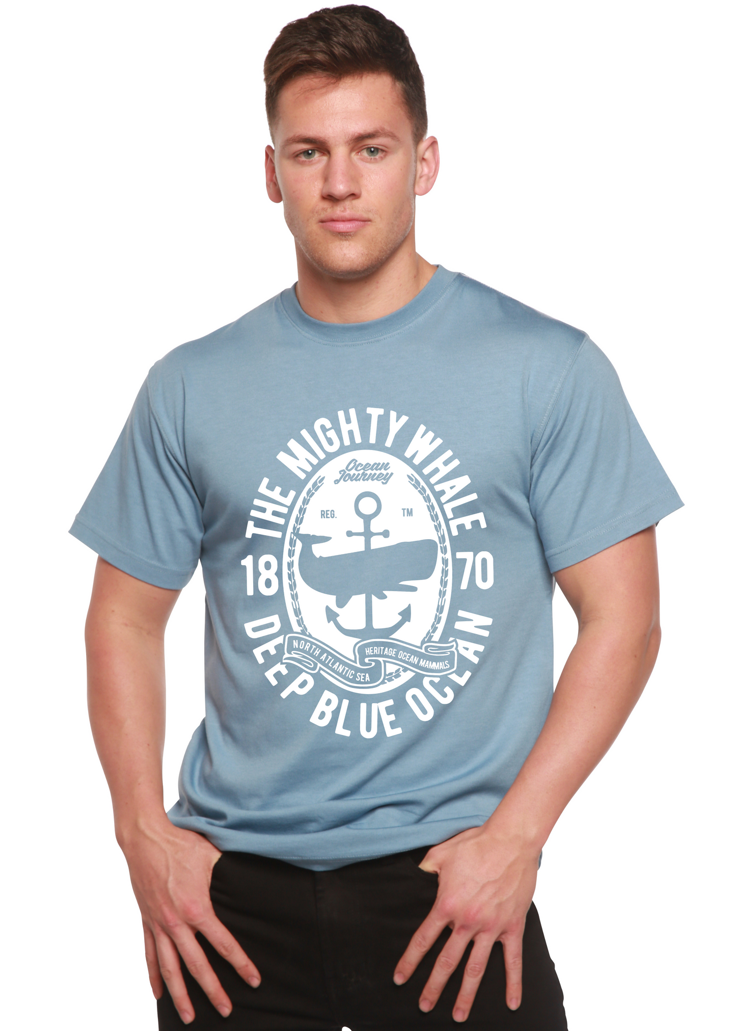 The Mighty Spun Bamboo men's short-sleeve graphic tee in light blue with a white circular anchor logo on Tampa Home & Garden Store