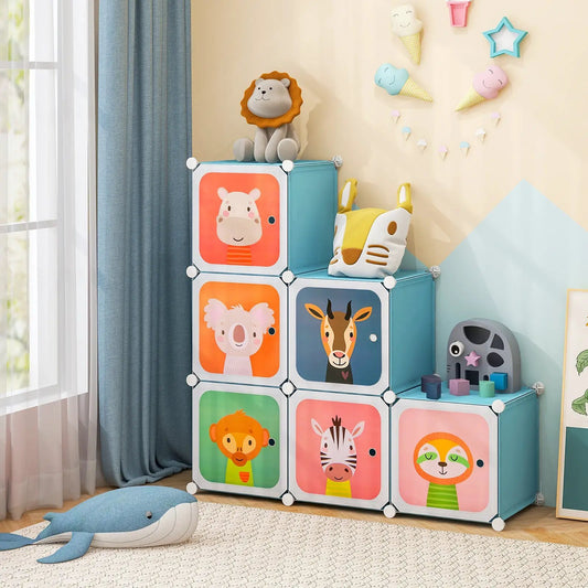 8-Cube Kids Wardrobe with Hanging Section Pink, teal frame and animal-illustrated doors on Tampa Home & Garden Store