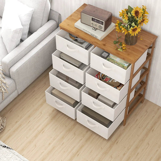 Beige eight-drawer dresser with removable fabric bins, wood top storage unit on Tampa Home & Garden Store
