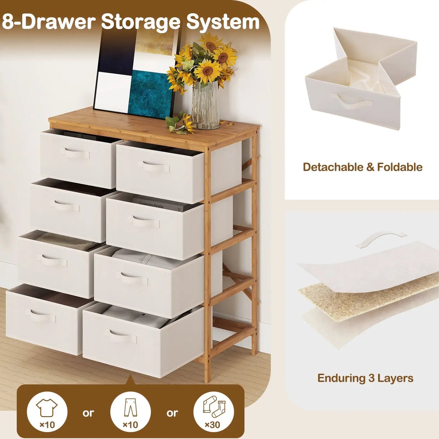 Beige eight-drawer dresser with removable fabric bins on Tampa Home & Garden Store
