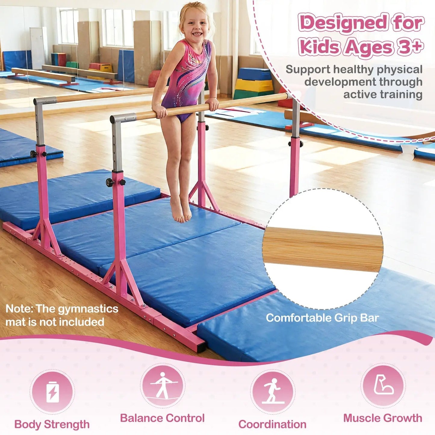 8ft pink double gymnastics bars on pink metal frame with wooden bars and blue mats on Tampa Home & Garden Store