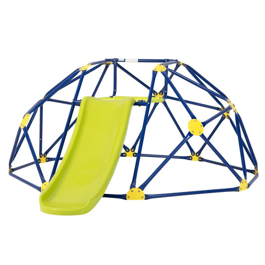 Kids climbing dome playset with lime-green slide, blue frame and yellow joints on Tampa Home & Garden Store