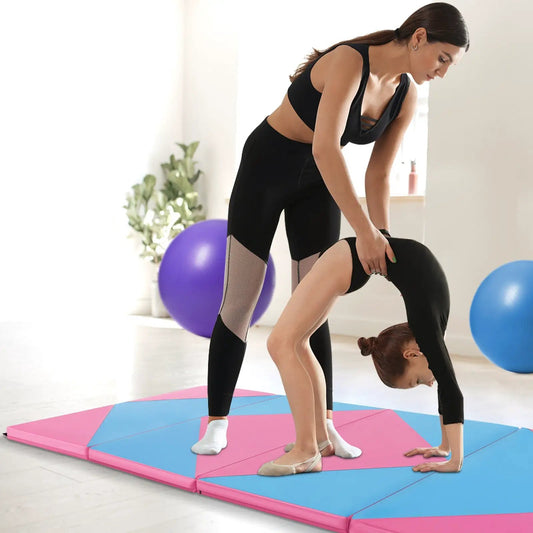 8 Feet PU Leather Folding Gymnastics Mat with pink and blue panels on Tampa Home & Garden Store