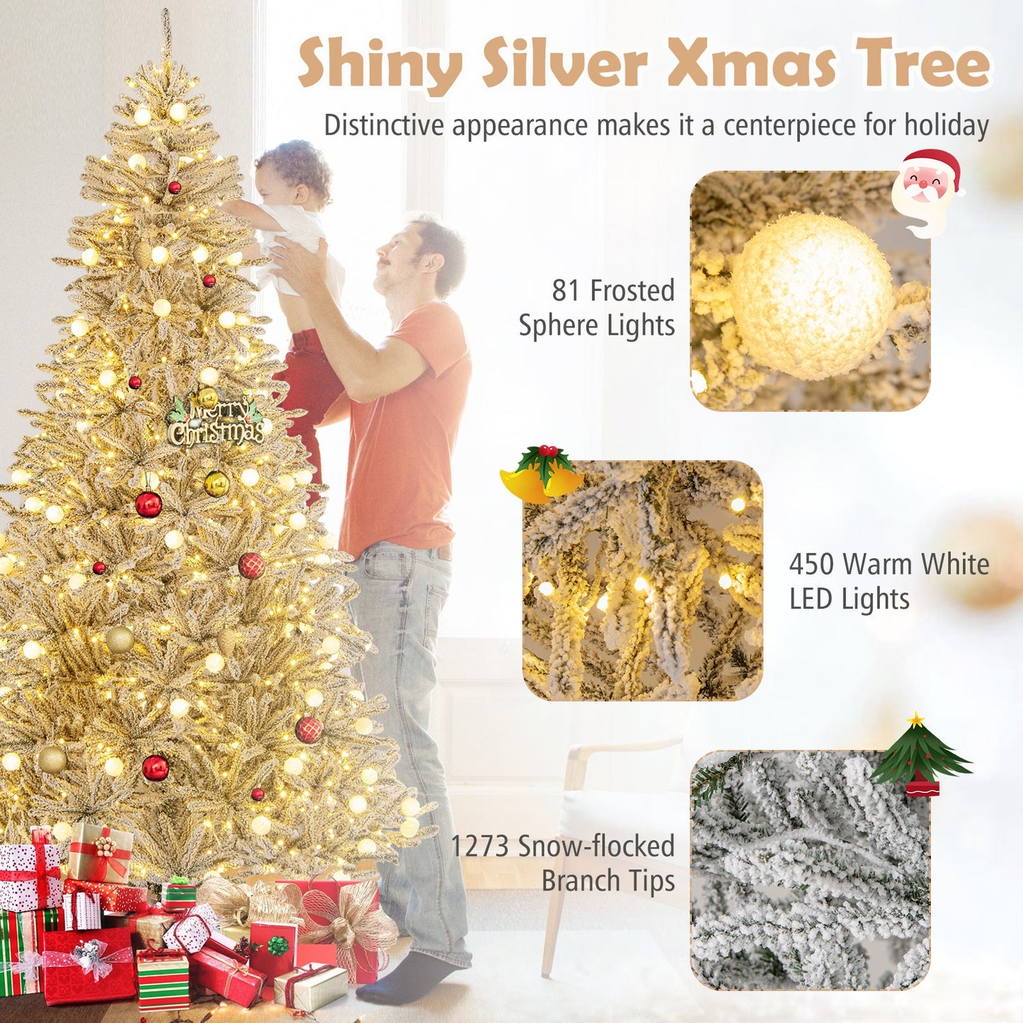 6 ft flocked Christmas tree with 81 frosted sphere lights, prelit snow-covered branches on Tampa Home and Garden Store