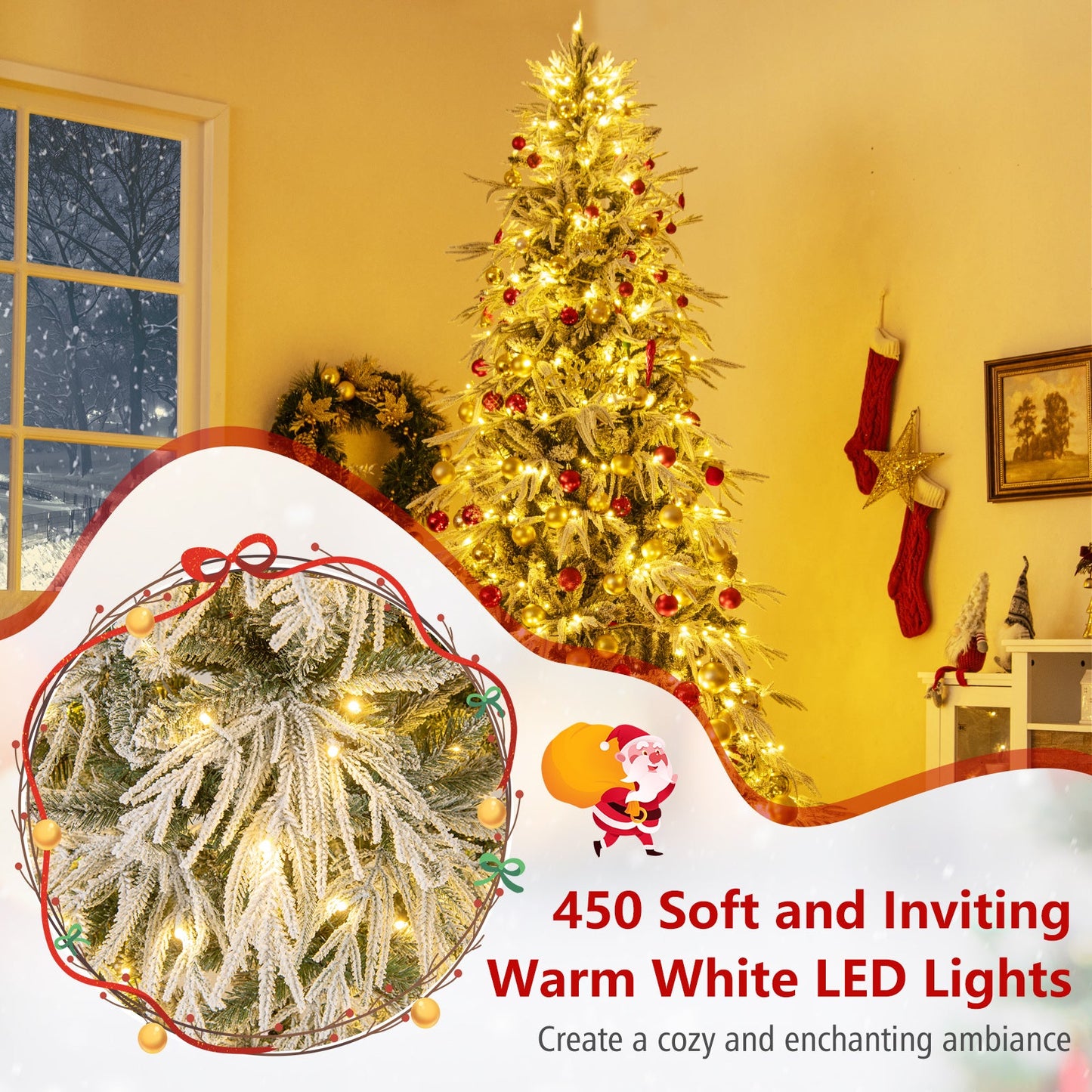 7 ft snow-flocked artificial Christmas tree with warm white pre-lit LEDs on Tampa Home & Garden Store