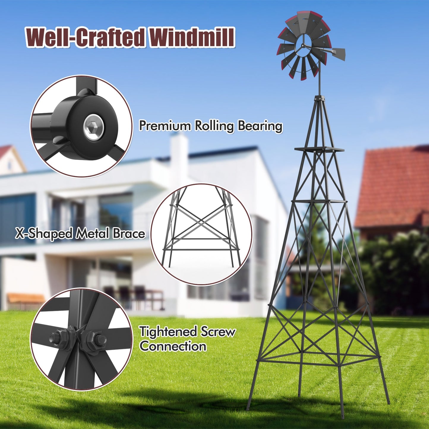 8 Feet Windmill Metal Ornamental Wind Wheel Weather Resistant-Gray