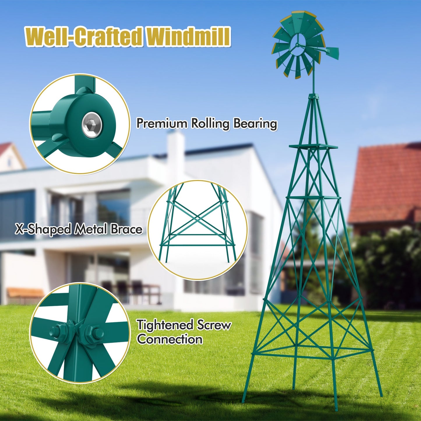 8 Feet Windmill Metal Ornamental Wind Wheel Weather Resistant-Green