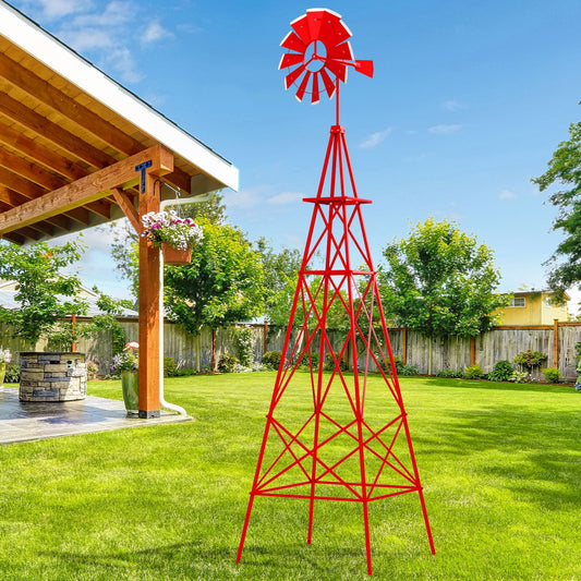 8 Feet Windmill Metal Ornamental Wind Wheel Weather Resistant-Red