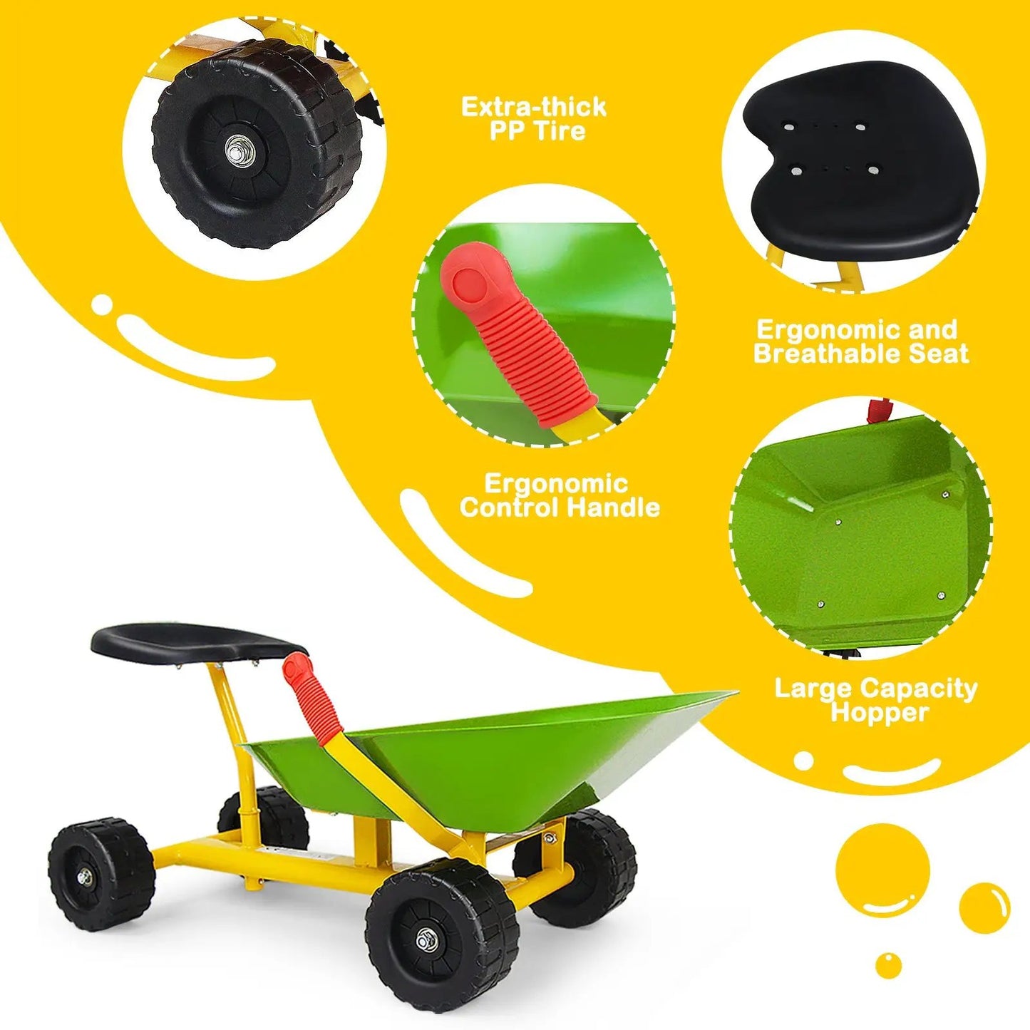 8 Inch Ride On Sand Dumper with four wheels, yellow frame and green hopper on Tampa Home & Garden Store