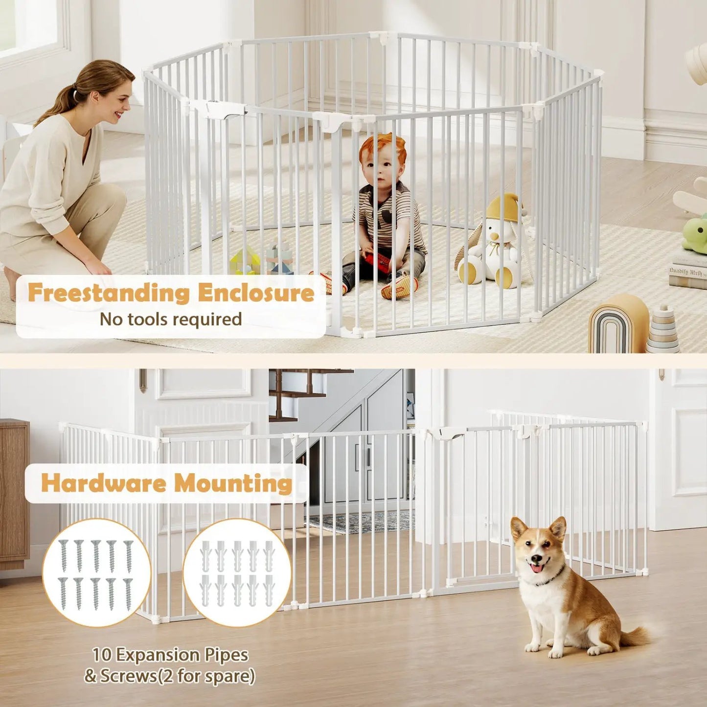 8-panel extra wide baby gate with auto-close door, white metal, DirectDeals on Tampa Home & Garden Store