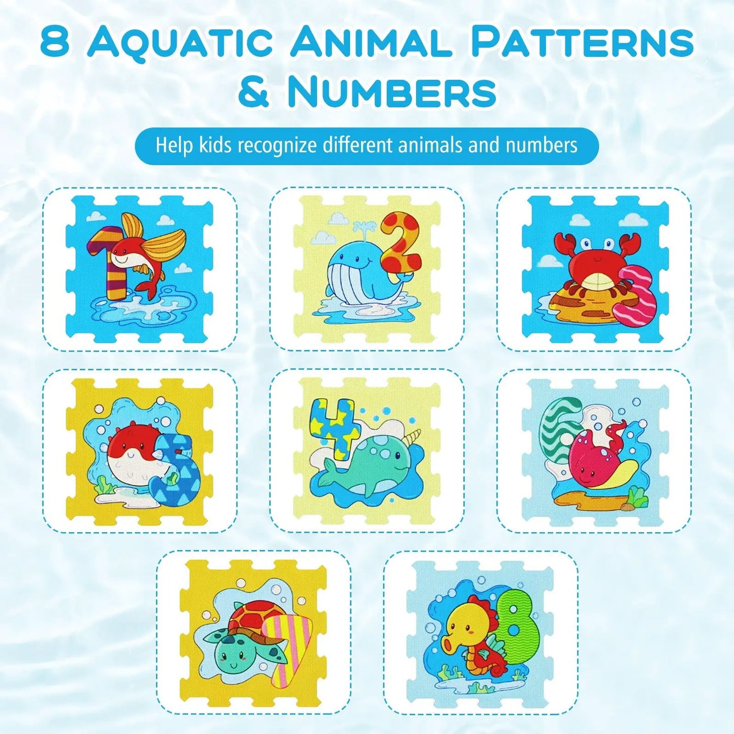 8-piece interlocking baby play mat with aquatic animal tiles in blue and yellow on Tampa Home & Garden Store