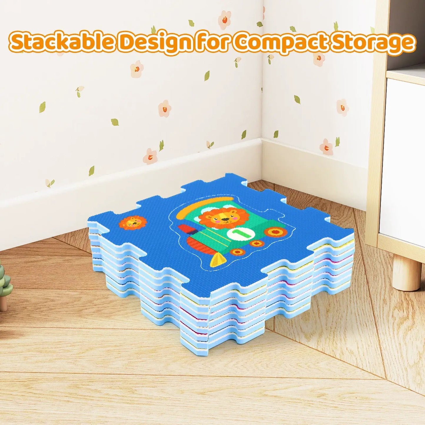 8-piece interlocking animal floor puzzle tiles in blue foam with a cheerful lion design on Tampa Home & Garden Store