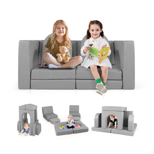 8 Piece Modular Kids Play Couch in gray suede fabric with modular blocks on Tampa Home & Garden Store
