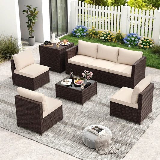 8-piece DirectDeals patio set dark brown wicker with beige cushions, glass-top table and storage on Tampa Home & Garden Store