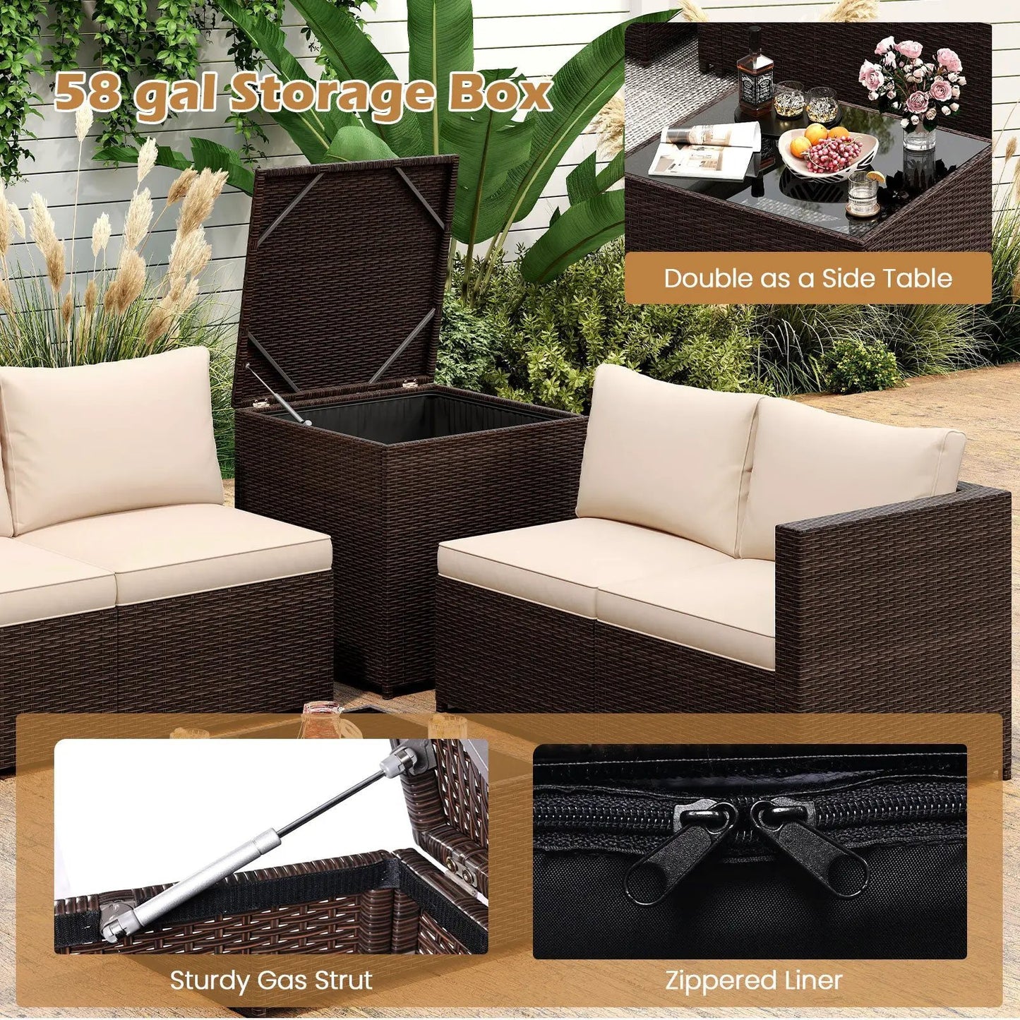 8 Piece Patio Set with Storage Box and Glass Table, brown wicker with beige cushions on Tampa Home & Garden Store
