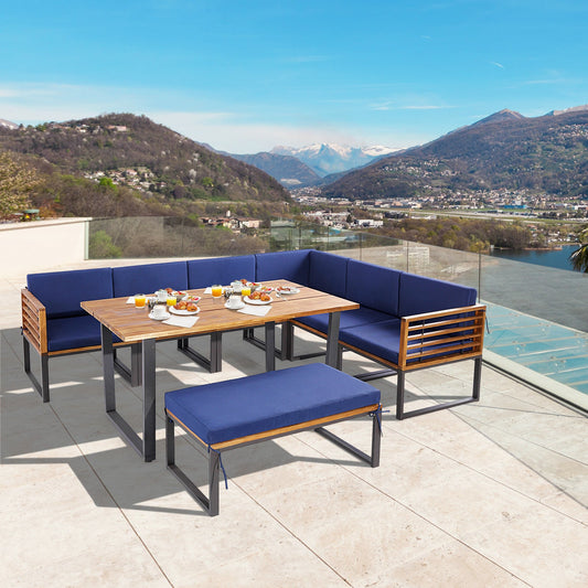8 Pieces Patio Acacia Wood Dining Table Set with Ottoman Cushions-Navy - Tampa Home & Garden Store