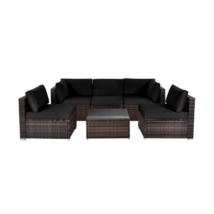 8-Piece wicker patio lounge set with black cushions and glass-top coffee table on Tampa Home & Garden Store