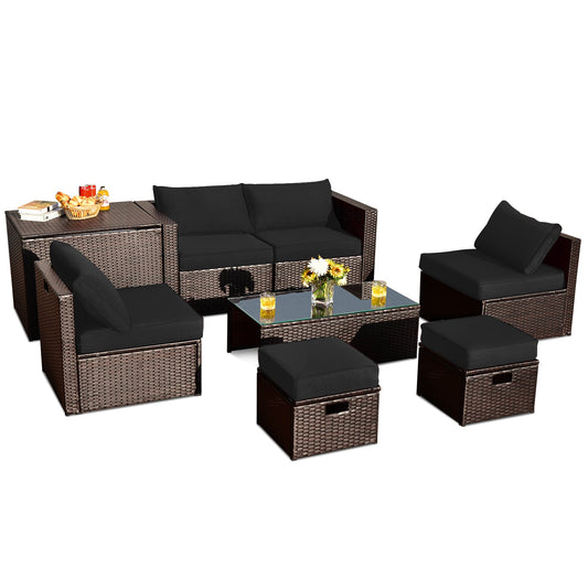 8 Pieces Patio Space-Saving Rattan Furniture Set with Storage Box and Waterproof Cover-Black - Tampa Home & Garden Store