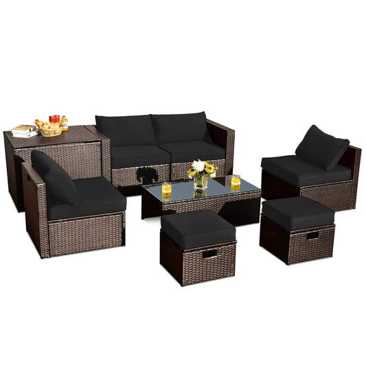 8 Pieces Patio Space-Saving Rattan Furniture Set with Storage Box and Waterproof Cover-Black - Tampa Home & Garden Store