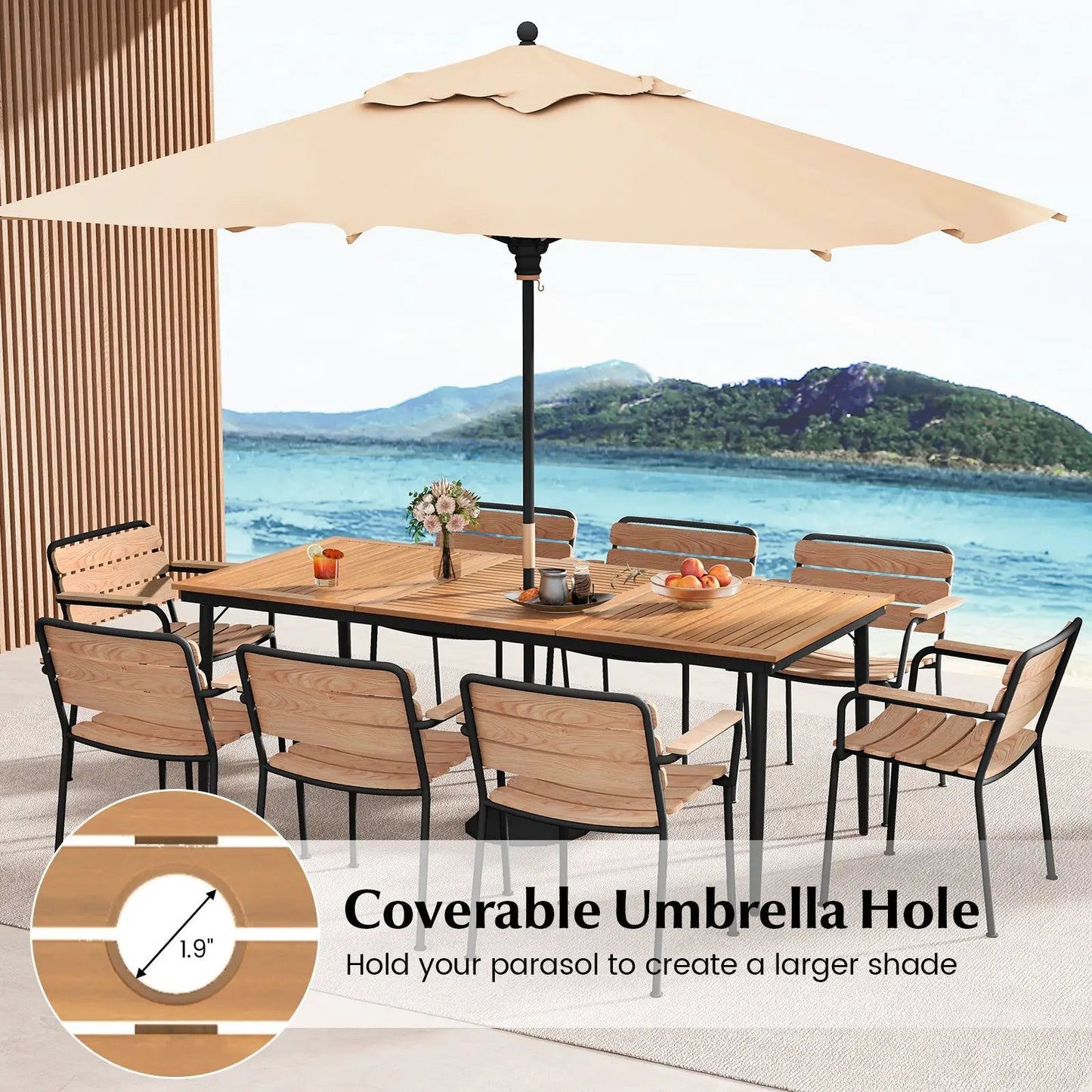 79 Inch Acacia Wood Outdoor Dining Table for 8 with beige umbrella hole on Tampa Home & Garden Store