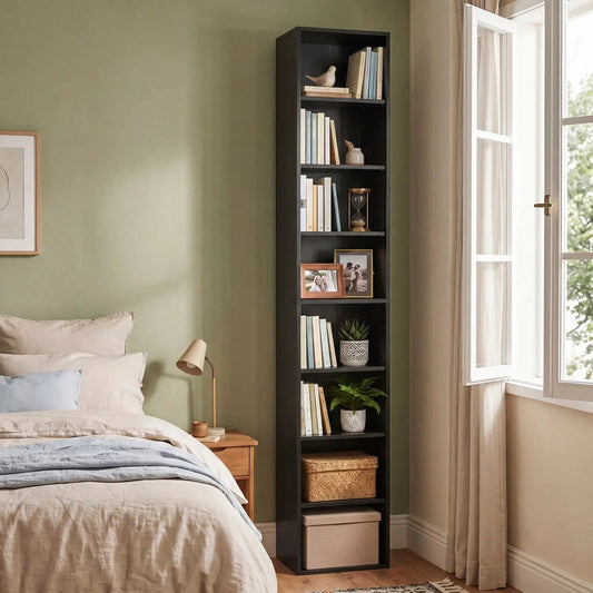 8-Tier Narrow Bookshelf DirectDeals black tall bookcase adjustable shelves beside a window on Tampa Home & Garden Store