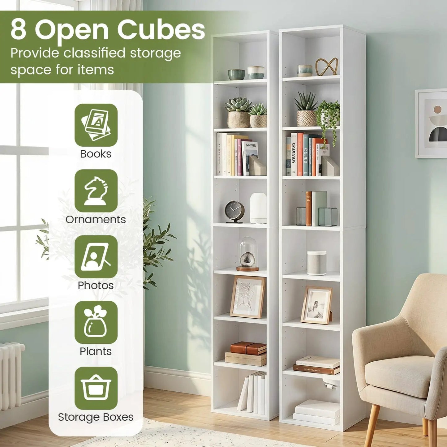8-Tier Narrow Bookshelf With Adjustable Shelves