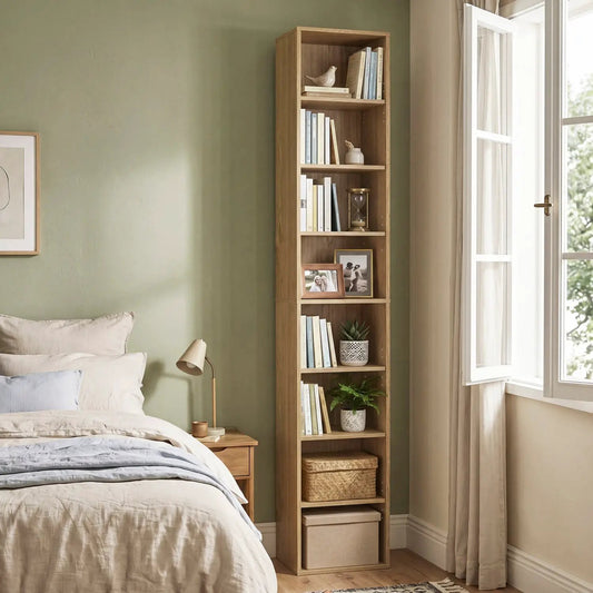 8-Tier Narrow Bookshelf with Adjustable Shelves natural oak by a bed in a green-walled room on Tampa Home & Garden Store