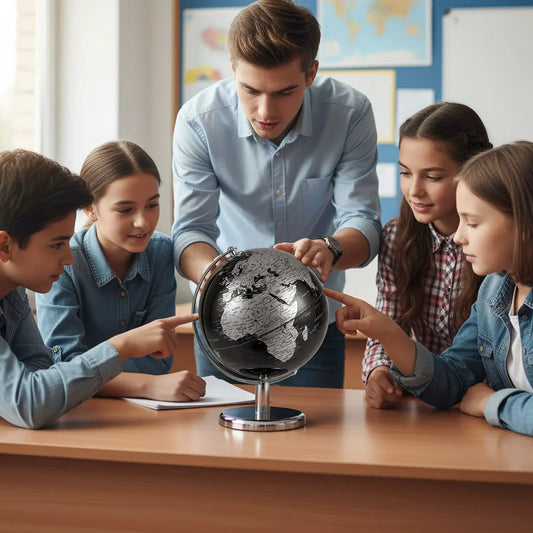 8 Inch World Globe by DirectDeals with metal stand, black globe in classroom with students on Tampa Home & Garden Store
