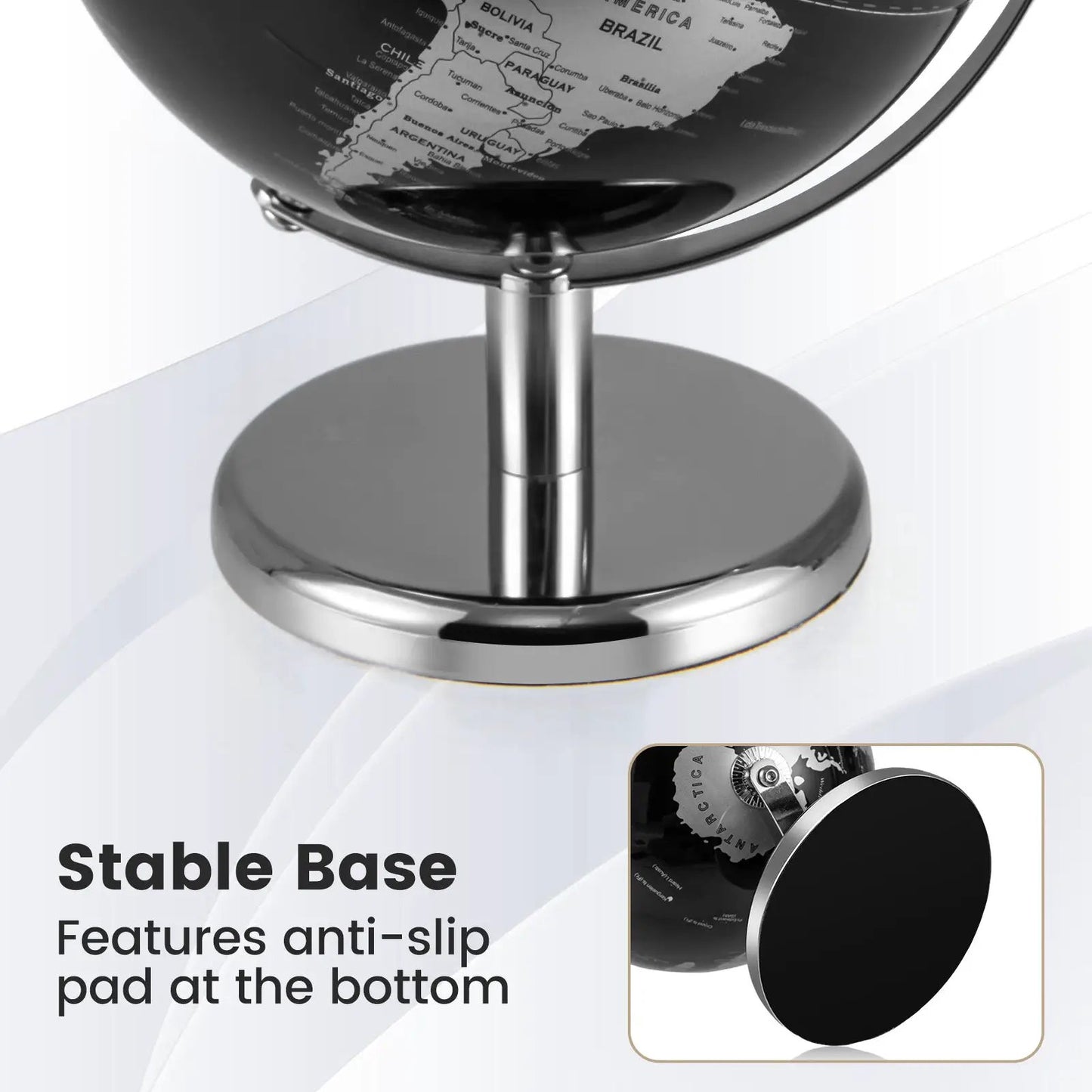 8 inch black world globe on chrome stand with stable base for desktop decor DirectDeals on Tampa Home & Garden Store