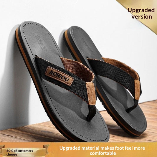 Stevvex men's black flip-flops with brown woven straps, non-slip sole on Tampa Home & Garden Store