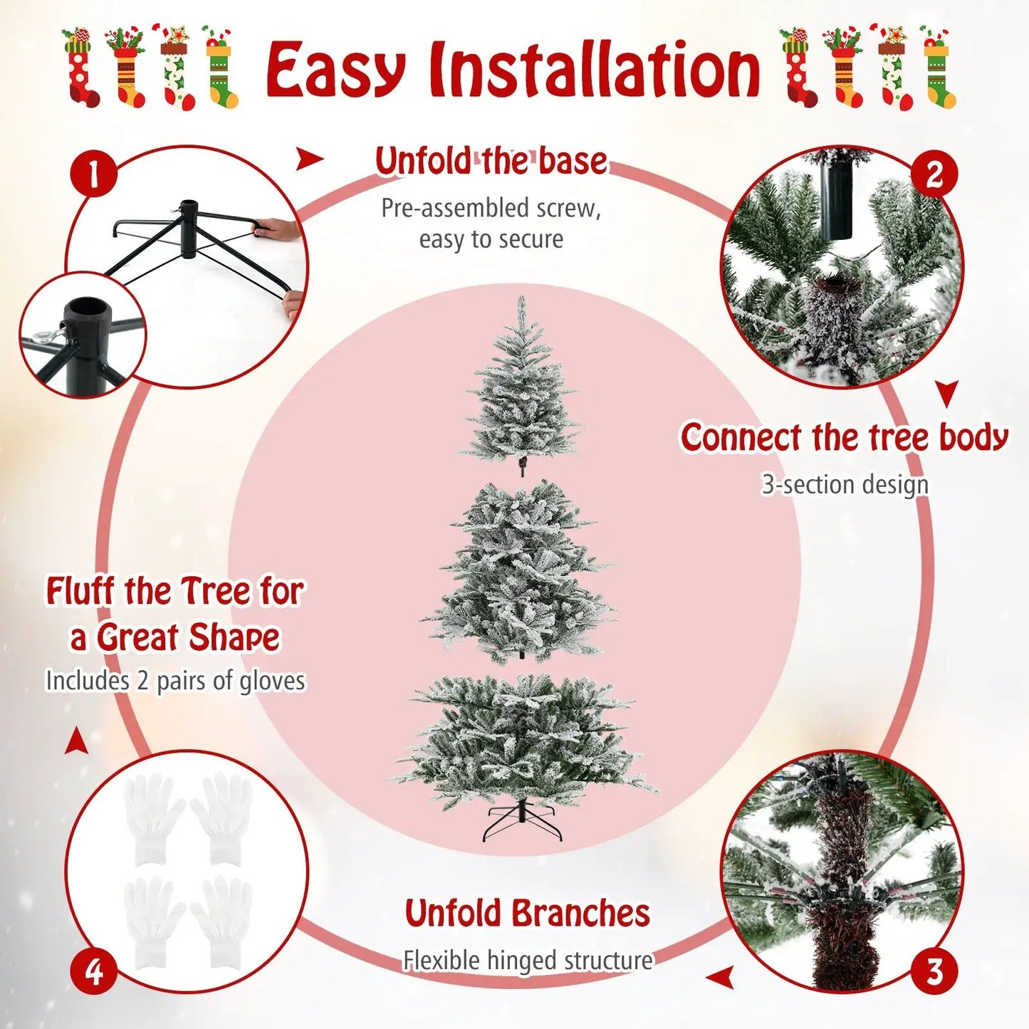8 Feet Snow Flocked Artificial Christmas Tree with Cool White LED Lights - Tampa Home & Garden Store