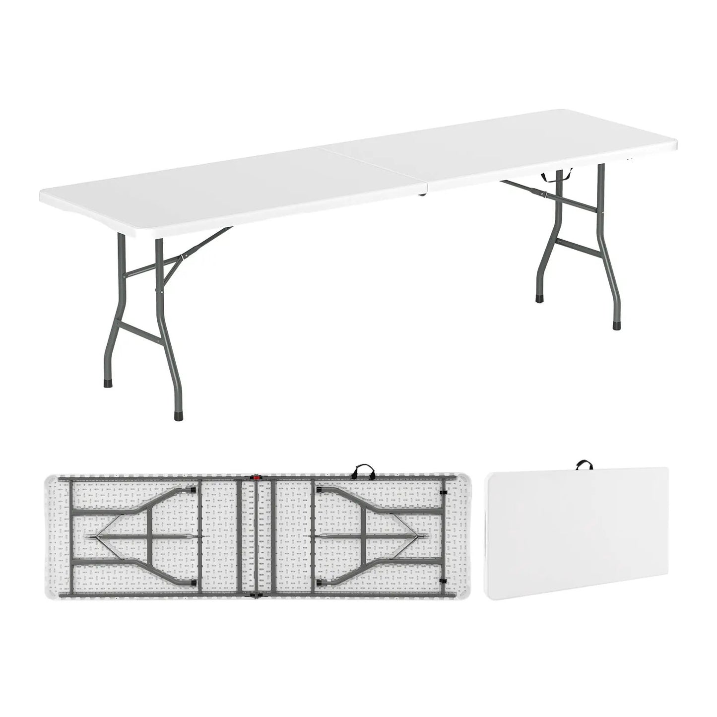 8 ft portable folding table with white HDPE top and gray metal legs fold-in-half on Tampa Home & Garden Store