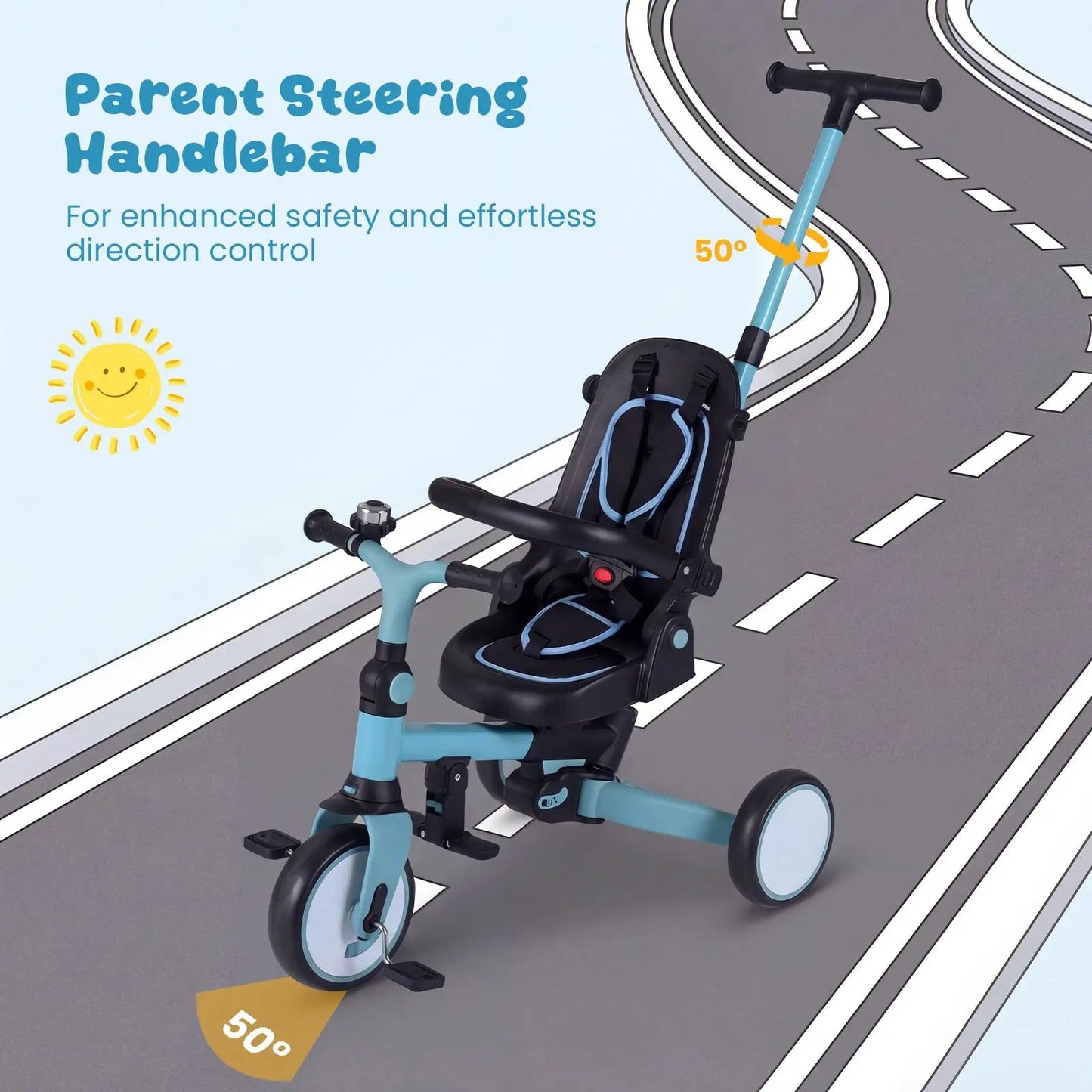 8-in-1 Folding Kids Trike with Canopy, blue frame, push handle on Tampa Home & Garden Store