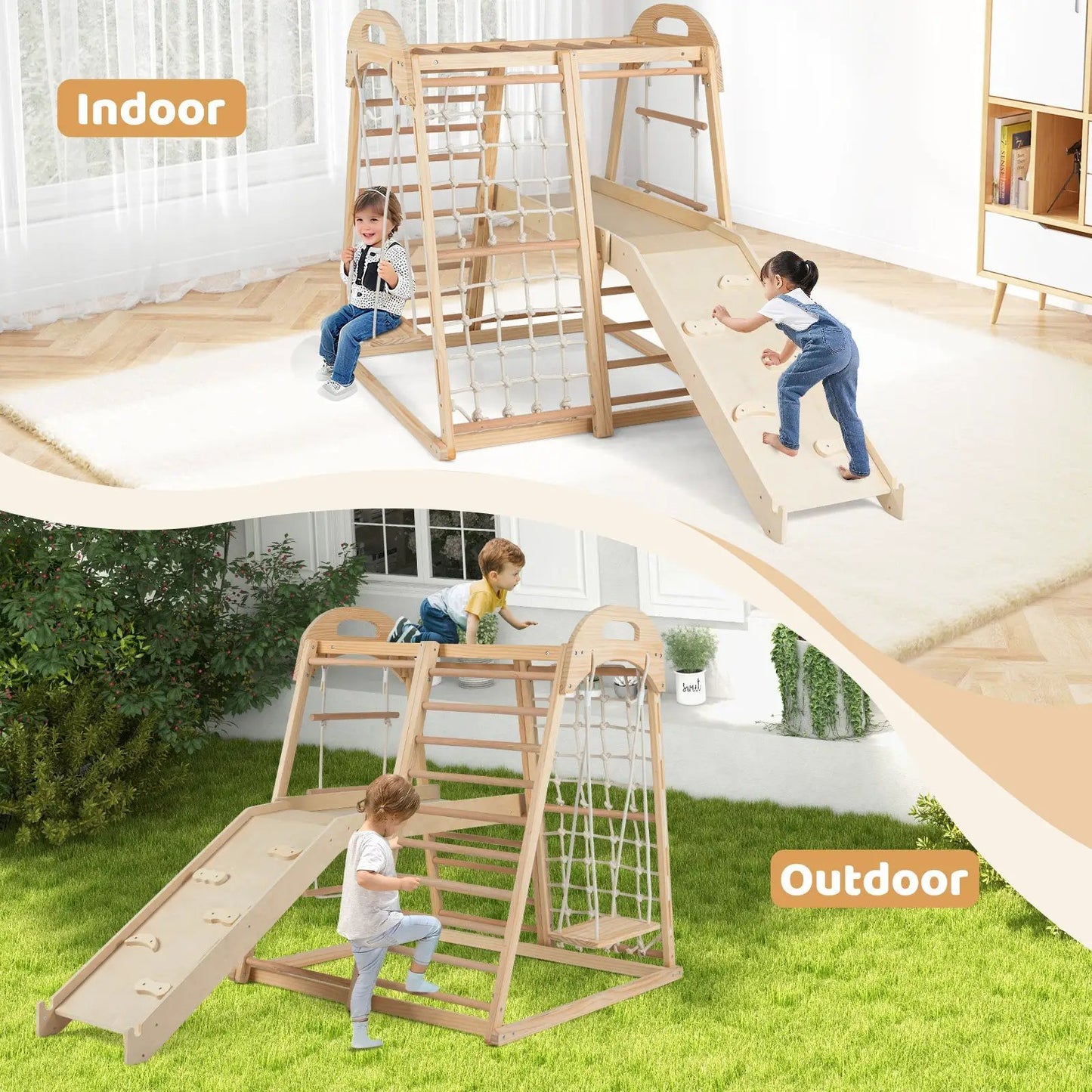 Jungle Gym Climber With Slide and Monkey Bars DirectDeals wooden playset with rope net on Tampa Home & Garden Store