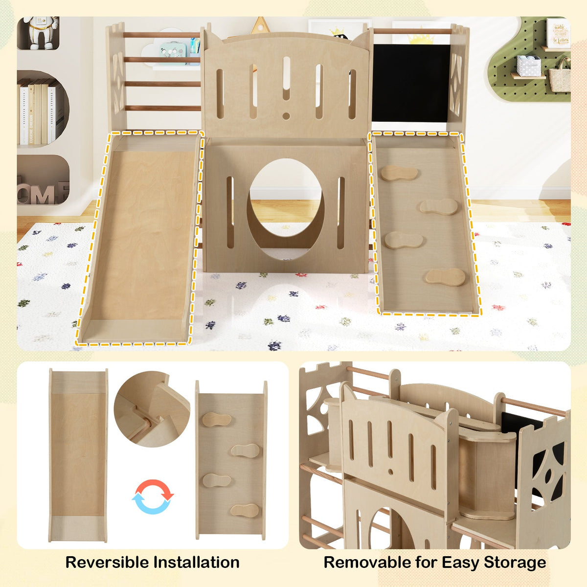 8-in-1 Toddler wooden indoor playground with slide, climber and chalkboard in natural finish on Tampa Home & Garden Store