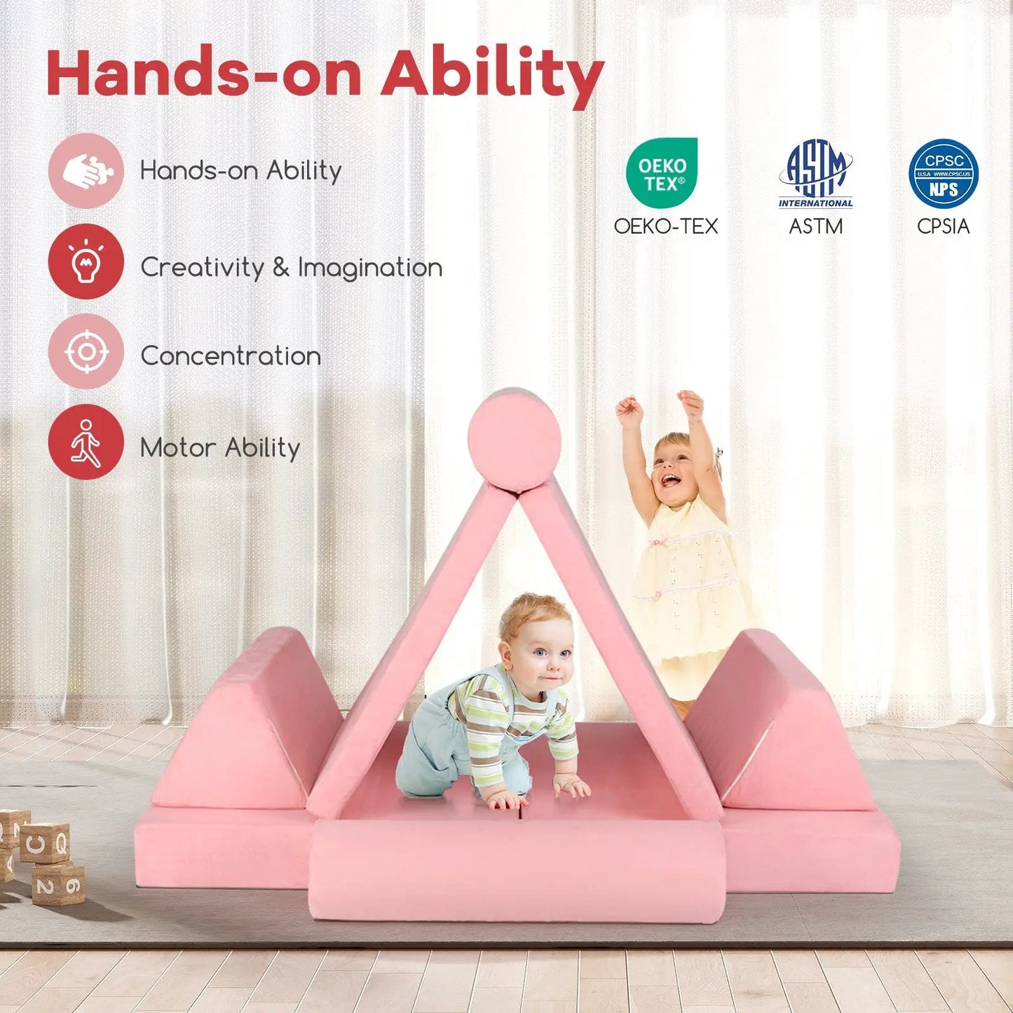 8-Piece pink foam kids play couch fort set with cushioned arches and base, kids at play on Tampa Home & Garden Store