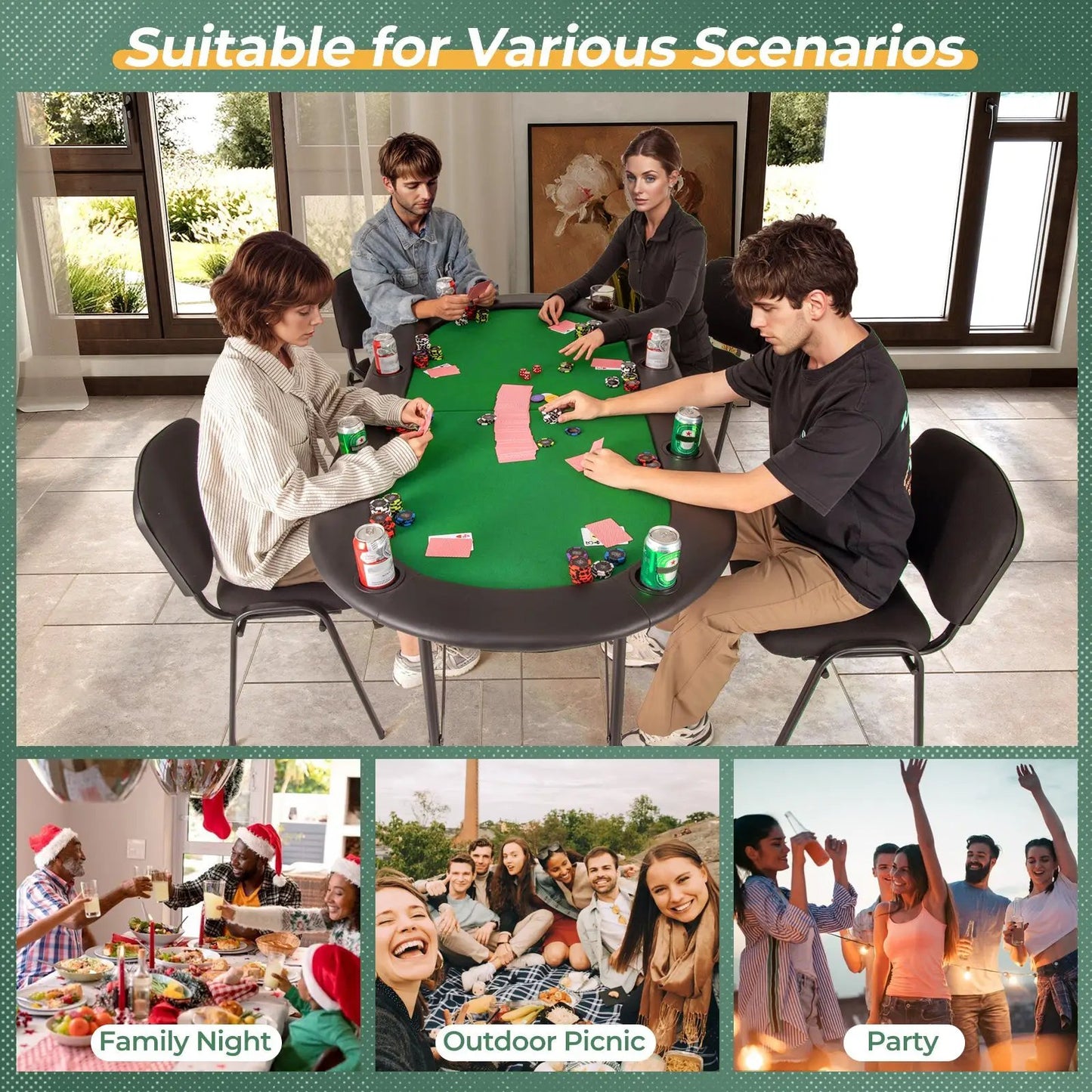 8 Players Texas Holdem Foldable Poker Table-Green - Tampa Home & Garden Store